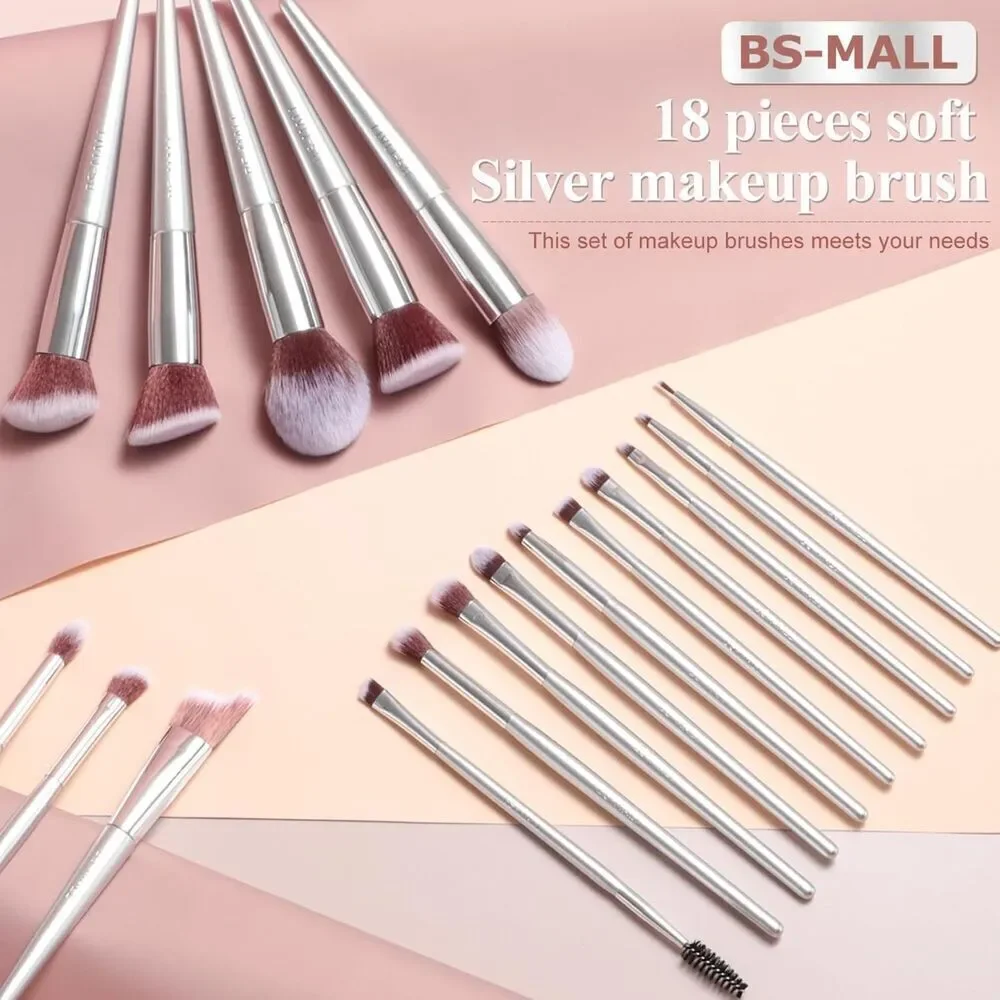 Bs-Mall 18 Pieces Silver Premium Synthetic Makeup Brush Set With Black Case